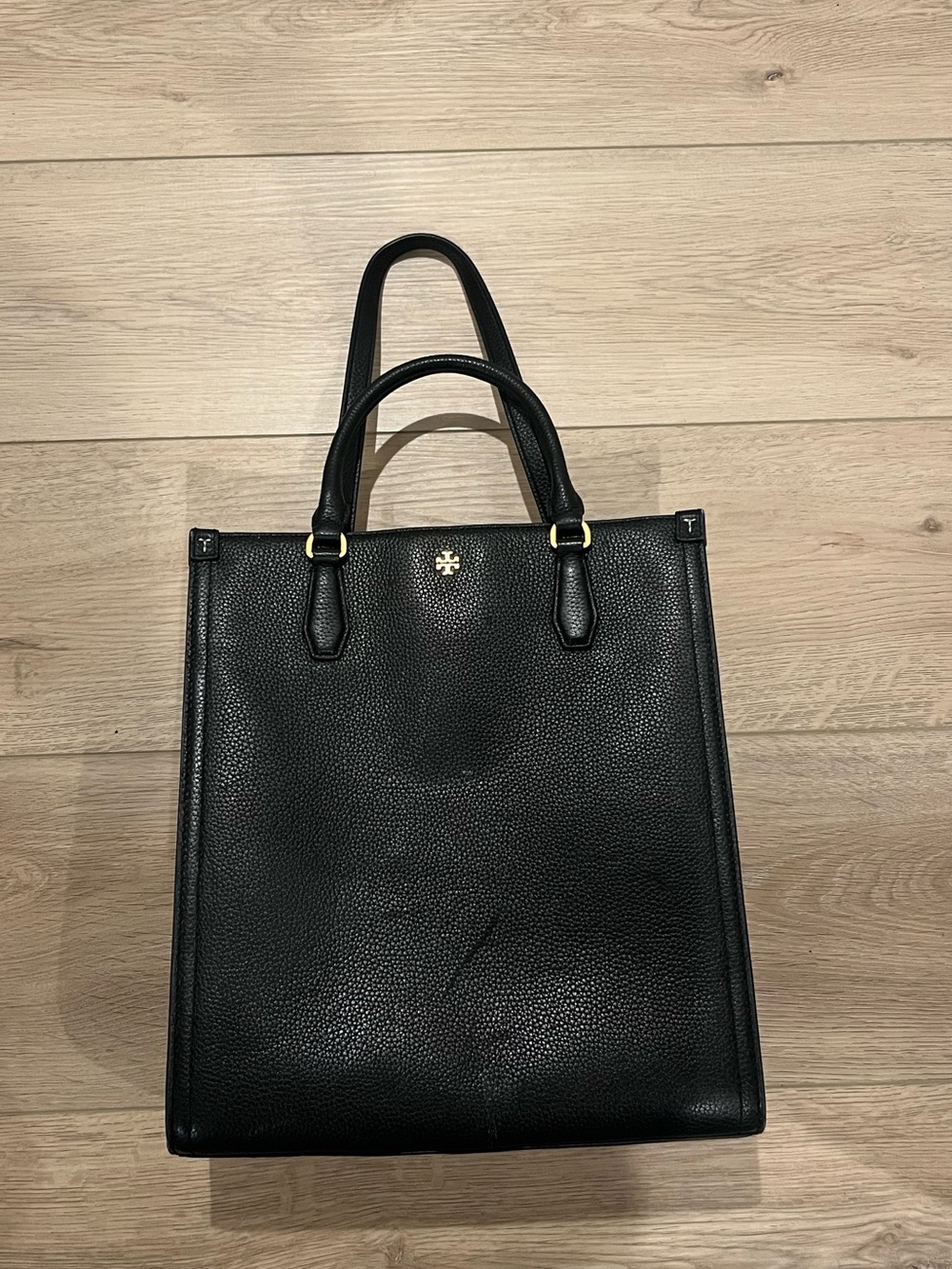 Tory Burch Black Pebbled Leather Structured Tote with Gold Logo